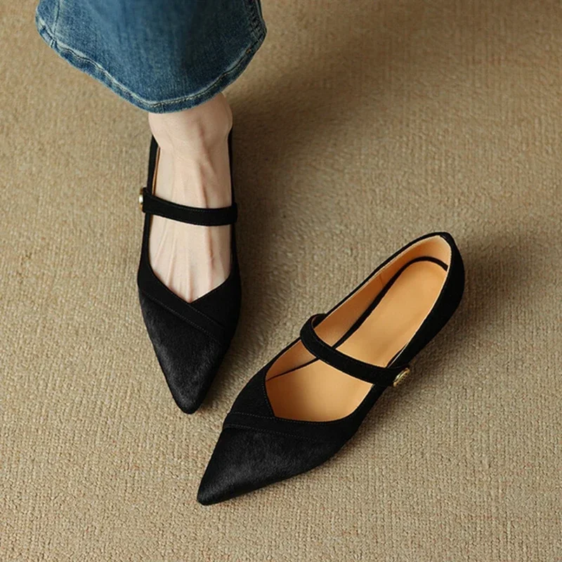 NEW Spring Women Pumps Horse Hair Shoes For Women Pointed Toe Chunky Heel Shoes Elegant Mary Janes Low Heel Sheep Suede Shoes