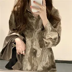 Fashion Streetwear Printed Loose Shirt Women's Clothing Single-breasted Spring Autumn Korean Long Sleeve Casual Polo-Neck Blouse