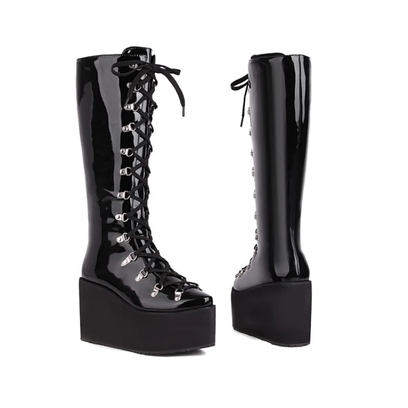 Patent Leather Ladies\' platform BOOTS Winter boots Square toes Lace-up Wedge heel boots esque platform Knee-high Boots