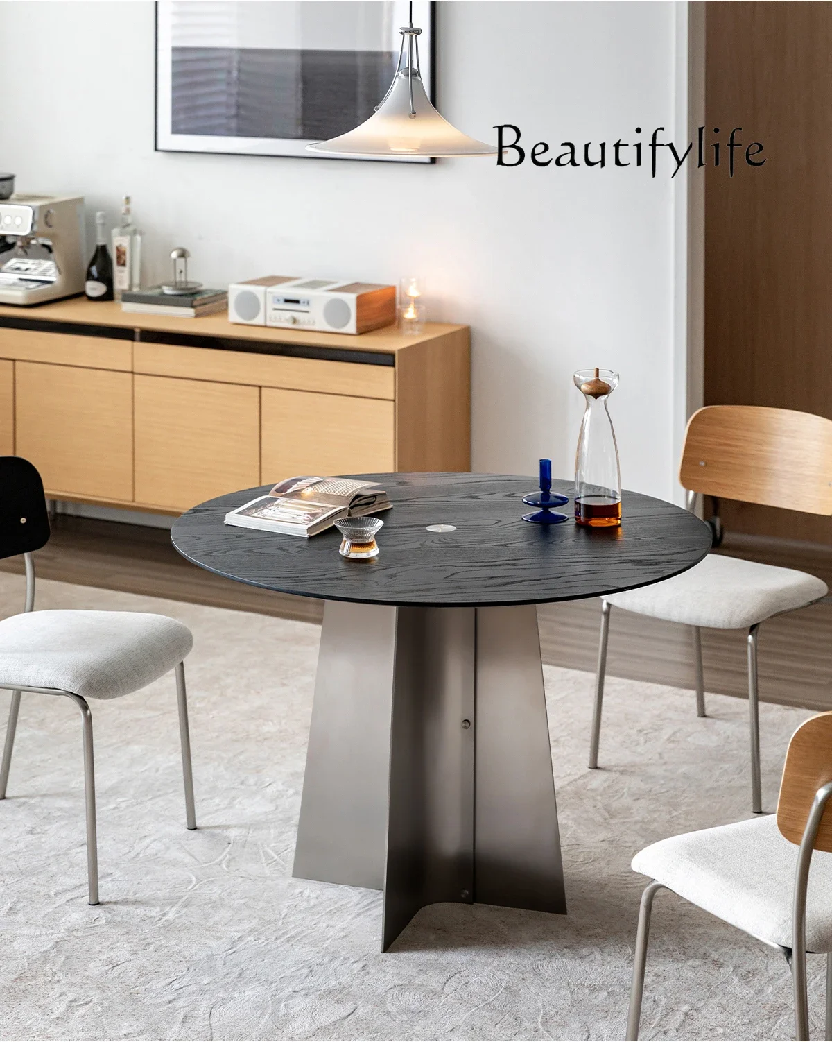 Q Modern simple round table solid wood dining table small apartment household  black retro table