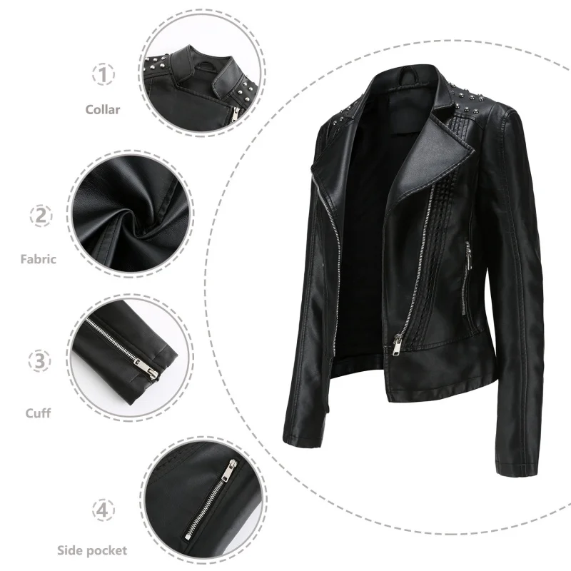 European Size Women's Beaded Leather Jacket Long Sleeve Fashionable Jacket with Turn-down Collar Motorcycle Jacket Thin Spring a