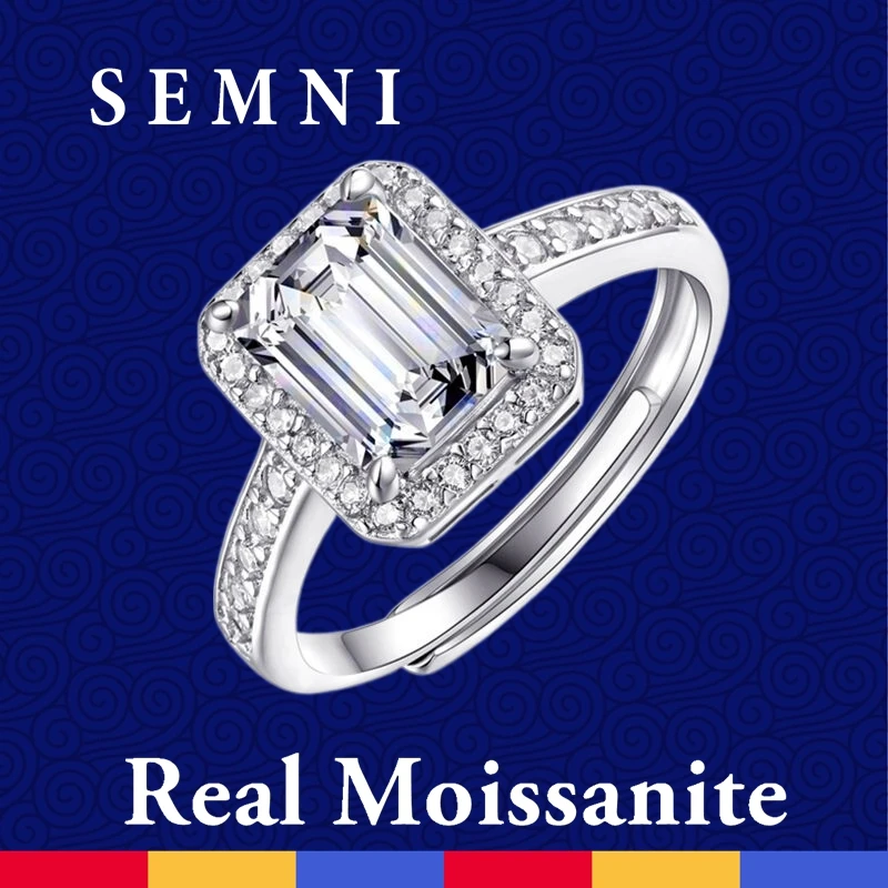 SEMNI 2.0CT Resizeable Moissanite Ring For Women Men Emerald Cut Sparkling Lab Diamond 925 Sterling Silver Fine Jewelry Anillos