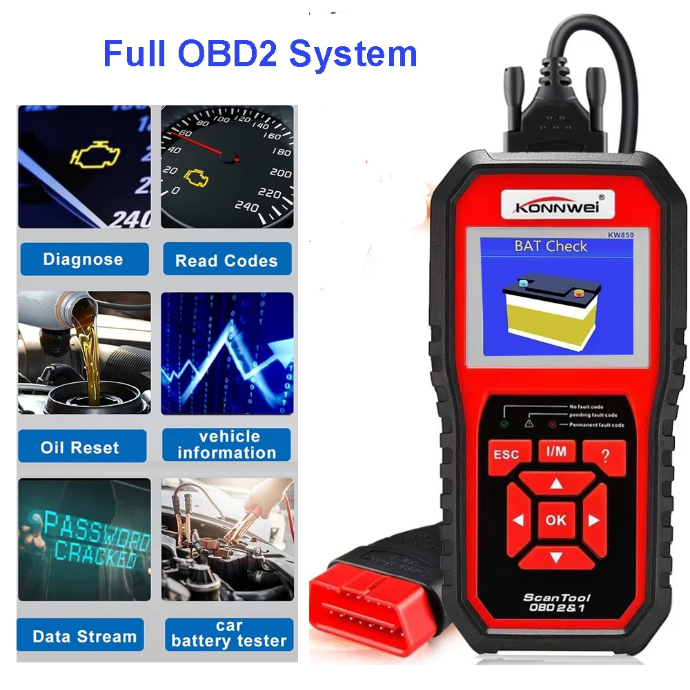 

Полносистемный сканер OBD2 2025 года, диагностический инструмент KW850 Anto OBD II, считыватель кодов, инструменты для проверки двигателя для всех автомобилей после 1996 года