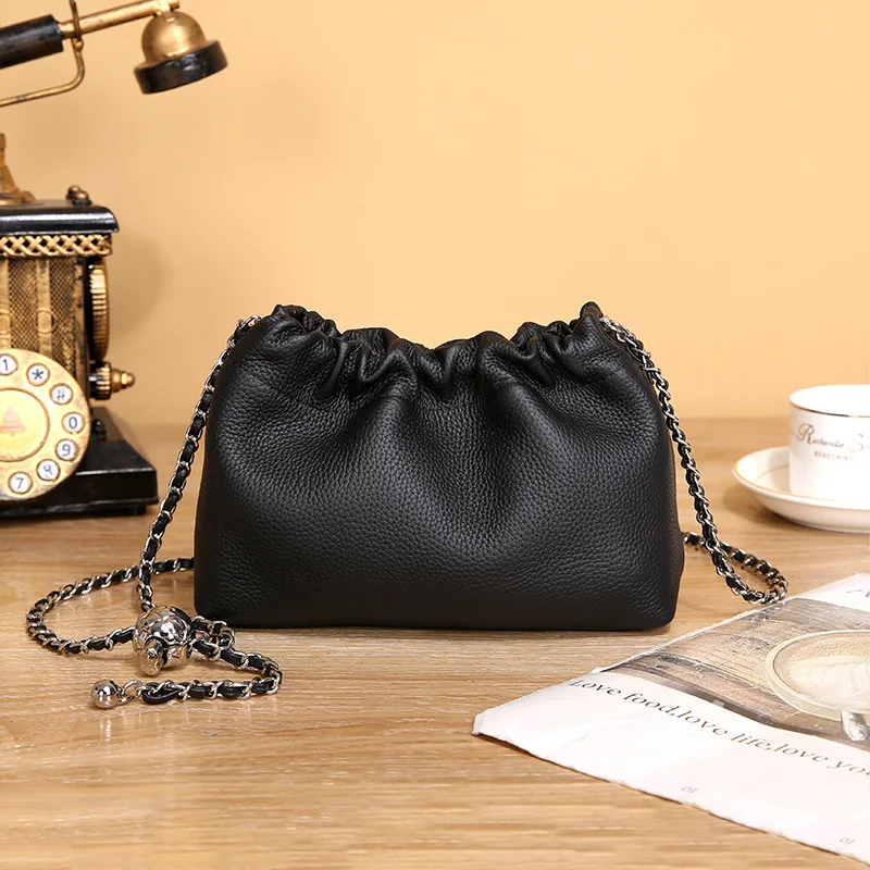 2023 New Genuine Leather Women\'s Bag Fashion Chain Cloud Bag Pleated First Layer Cowhide One Shoulder Crossbody Bag