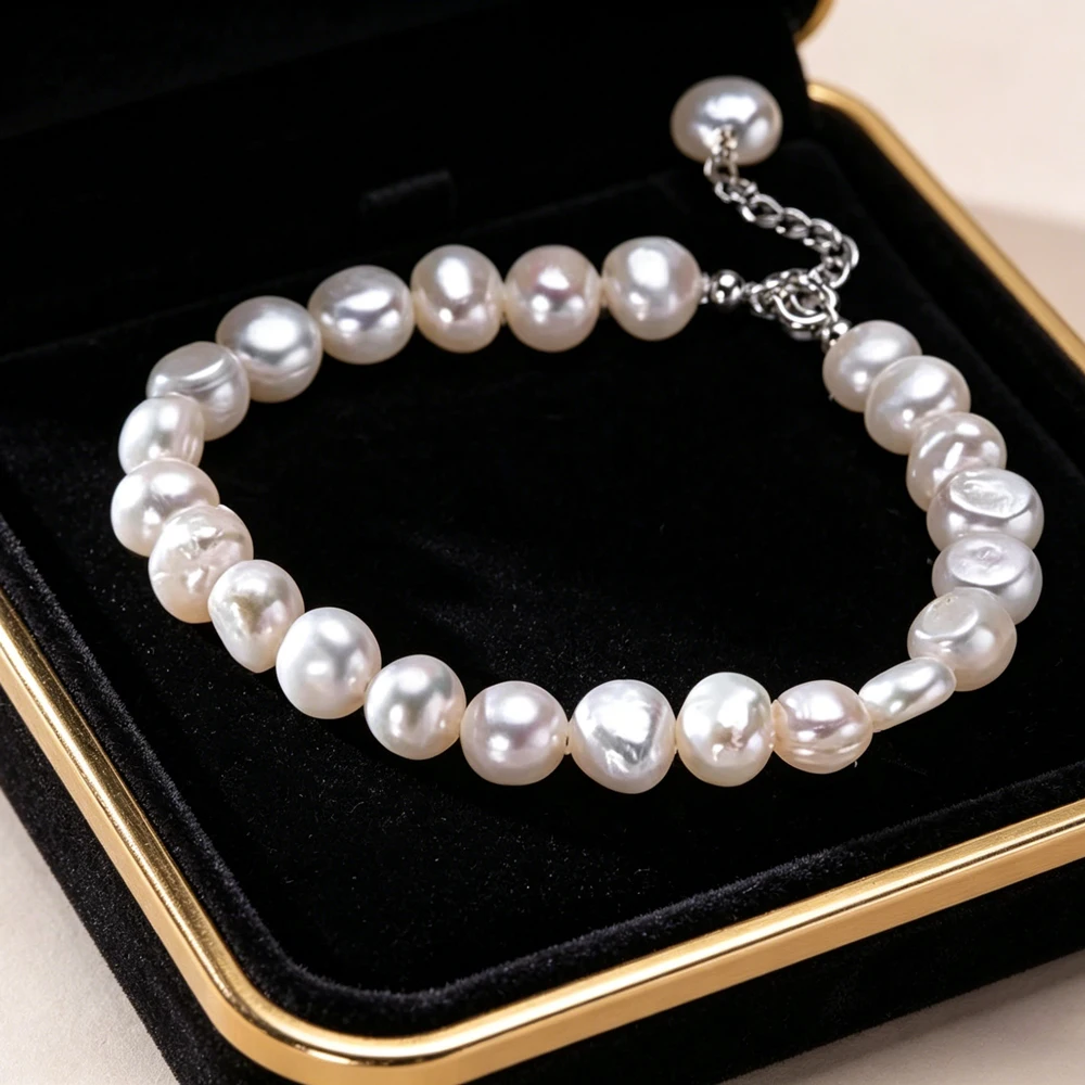 HENGSHENG-pulsera barroca de perlas blancas para mujer y niña, Plata de Ley 925 clásica, agua dulce, 8-9mm, joyería fina, regalos