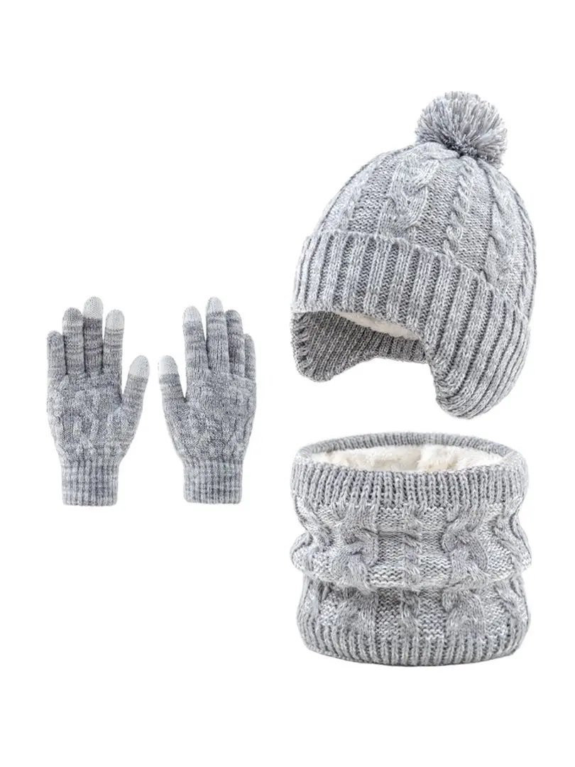 3-piece set of single ball hats, scarves, gloves, winter warm knit set with added fleece