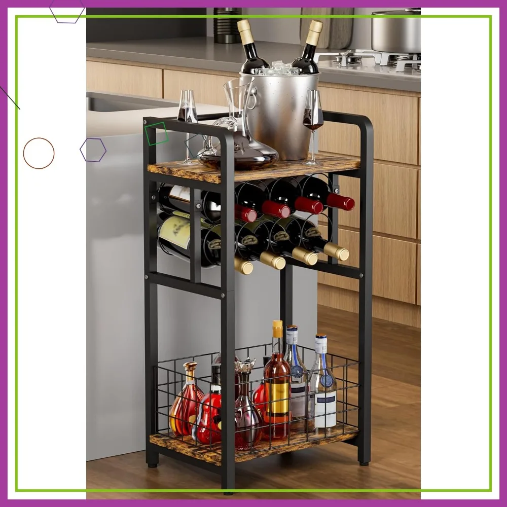 3-Tier Freestanding Wine Rack with Wood Top, Corner Bar Table for Kitchen Living Room, Black Metal Storage