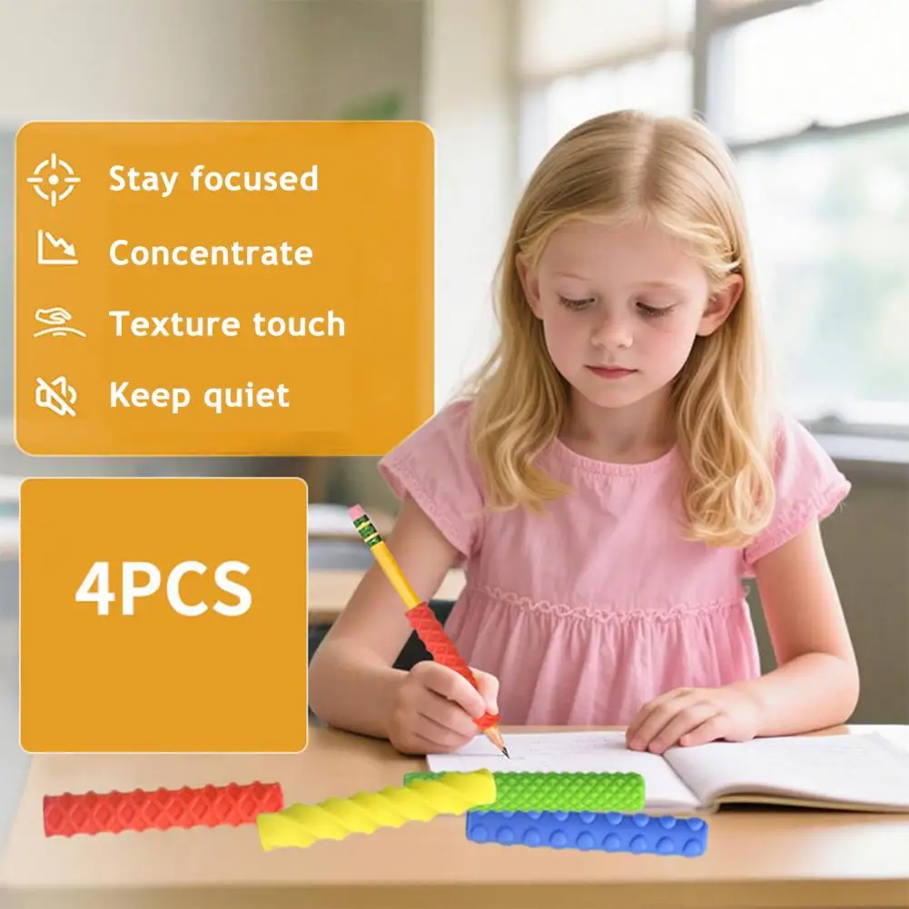 Non-slip Pencil Grips 4pcs Silicone Pencil Grips for Kids Adults Ergonomic Textured Writing Sleeves Anxiety Relief Fidget Covers