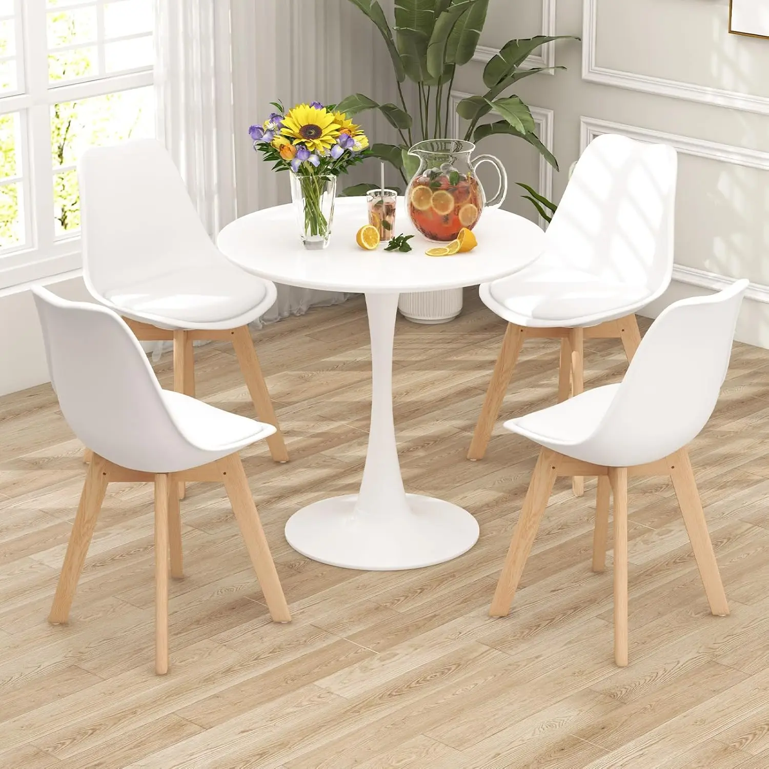 Round Dining Table Set for 4, Kitchen Table Set with Padded Seat & Solid Wood Legs, Round Kitchen Table and Chairs for Small