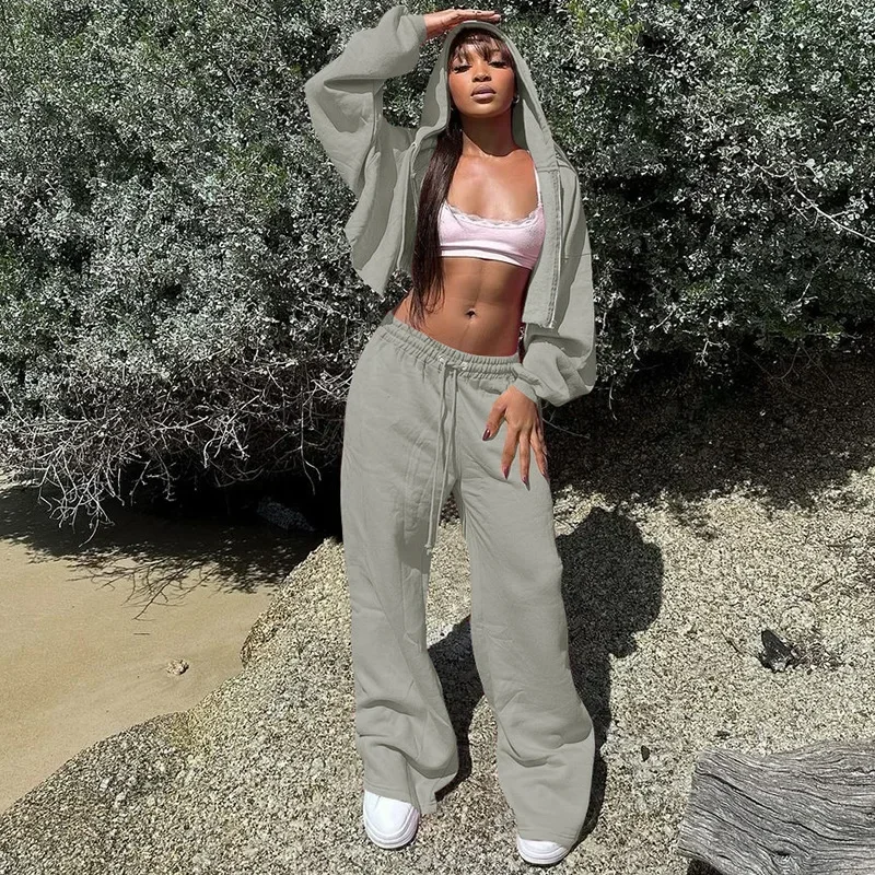여성용 솔리드 루즈 캐주얼 플리스 2 피스 세트, 지퍼 운동복, 전체 소매 후드 재킷, 크롭탑 + 와이드 레그 팬츠, 스트리트 슈트
