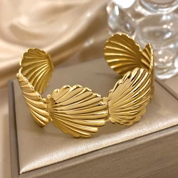 Bohemia Gold Plated Shell Shape Stainless Steel Bangles Bracelet for Women Vintage Open Cuff Bangle Summer Beach Holiday Jewelry