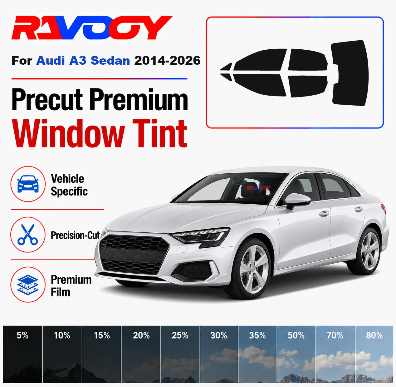 

Premium Precut Window Tint Kit Front Rear Windows Rear Windshield For Audi A3 Sedan 2014-2026 Complete Set Nano Ceramic Film