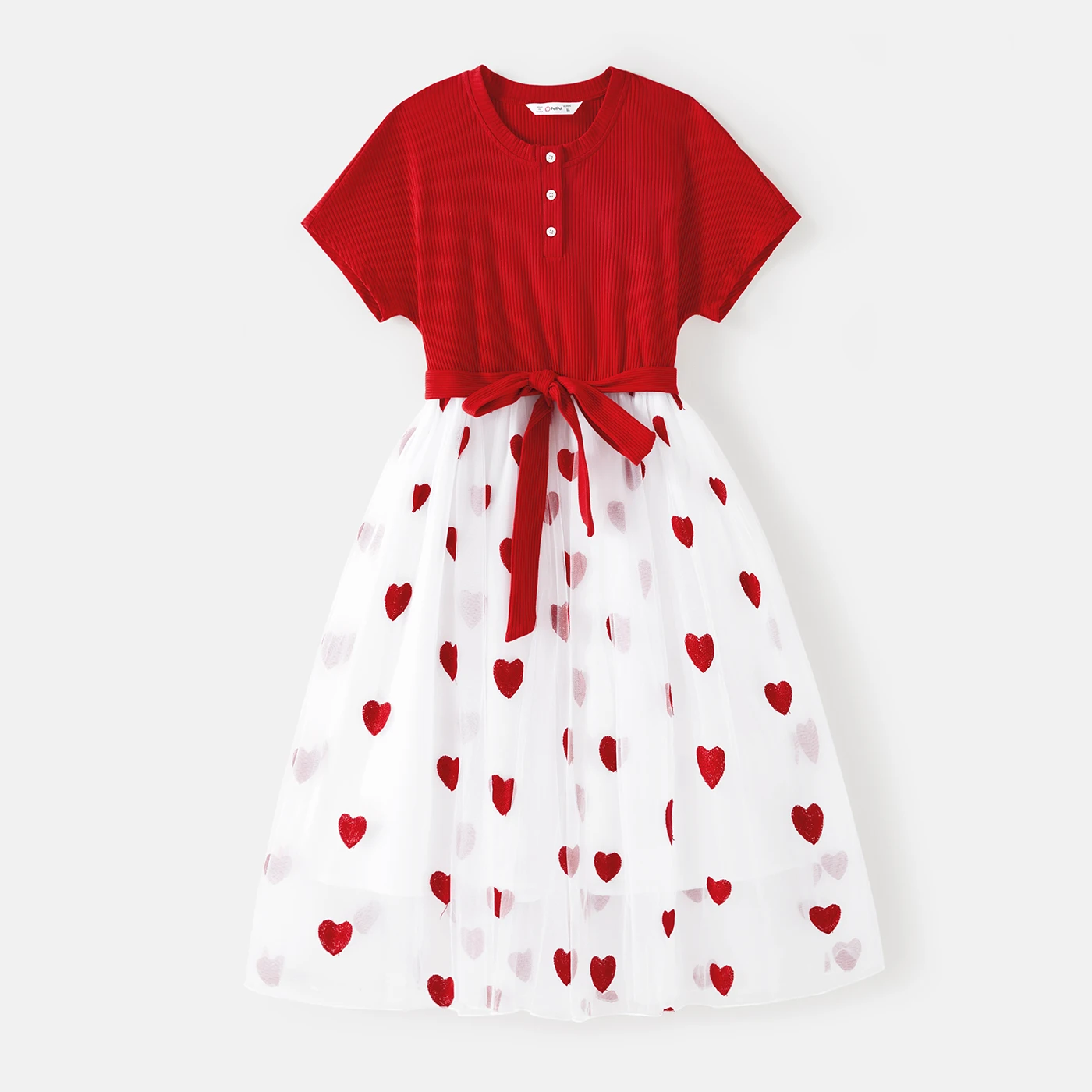 PatPat Family Matching Short-sleeve Cotton Ribbed Colorblock T-shirts and Allover Heart Embroidered Mesh Spliced Dresses Sets