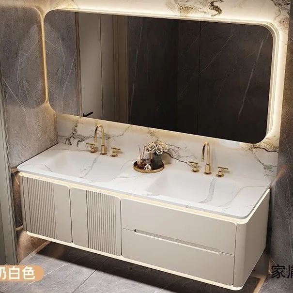 Rock slab hot bending seamless integrated double basin oak bathroom cabinet combined toilet hand wash washbasin  smart