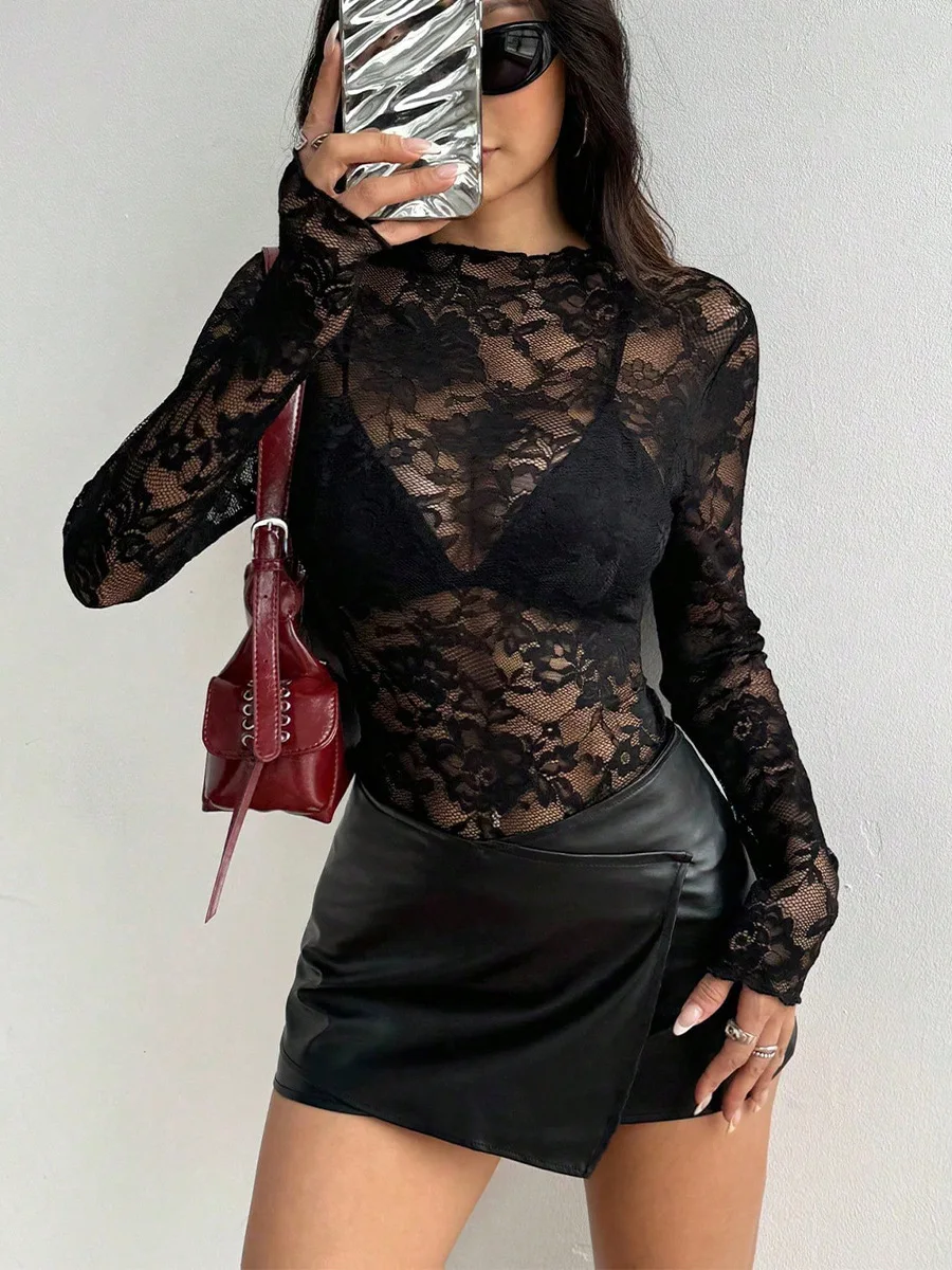 

Autumn Lace Blouse Women's Rose Jacquard Long Sleeve Sheer Top Hollow-Out Design Fitted Waist Party Wear Soft Stretch Lace
