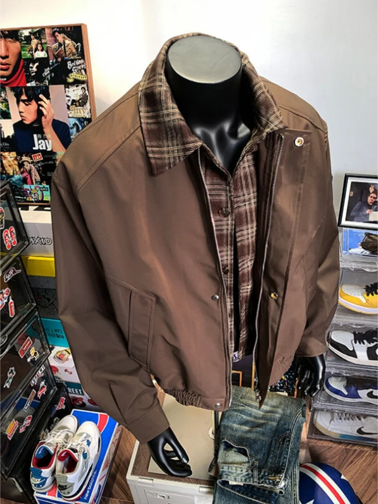 

American Sle Plaid Splicing Fake Two-Piece Jaet Spring Autumn Men's Loose Fit Windproof Zipper Closure Casual Outerwear