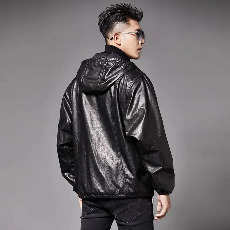 Oil Wax Sheepskin Jacket Men Loose Hooded Motorcycle Style Bat Sleeve Genuine Leather Mens Spring Autumn Coat Man