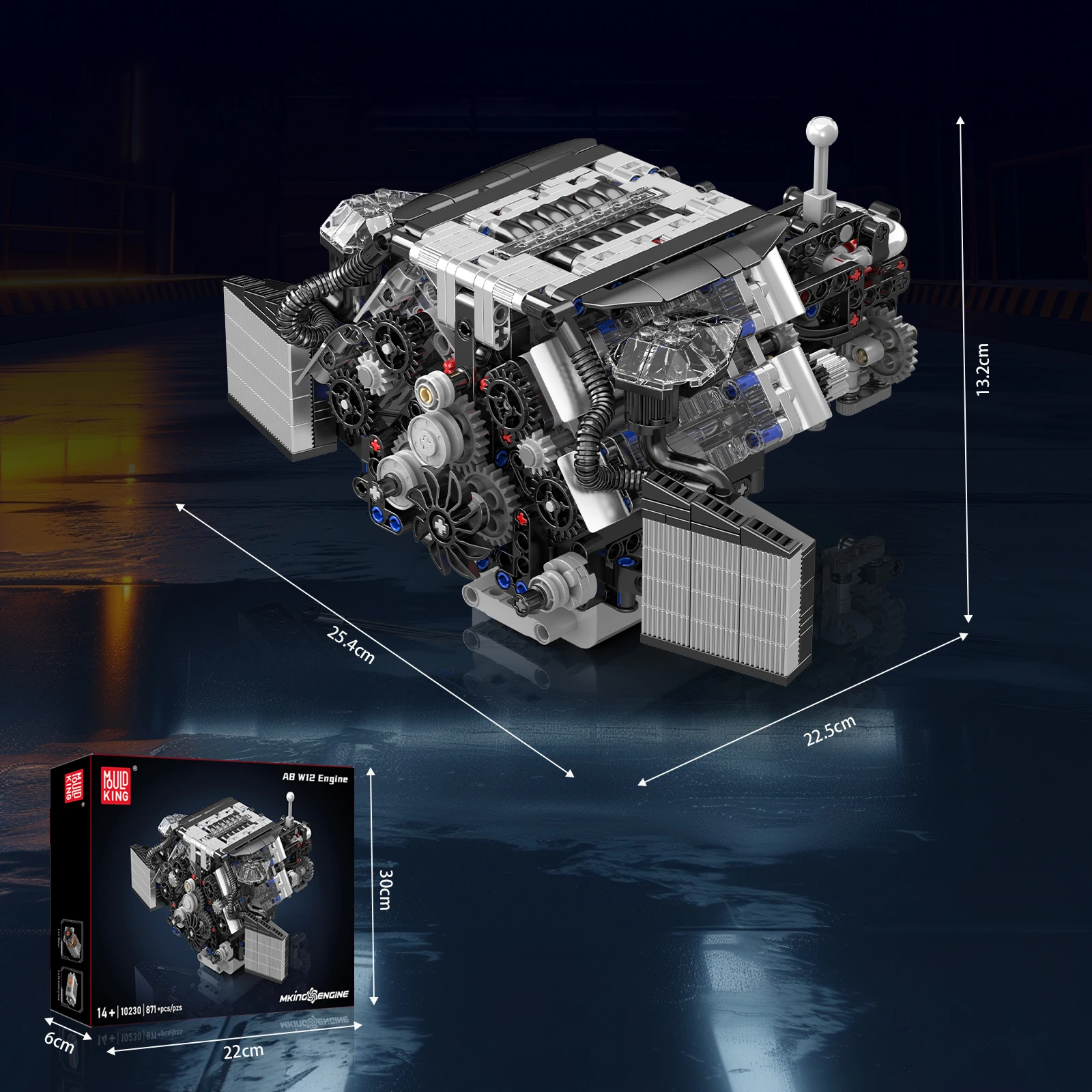 Mold King 10230 Building Blocks A8 W12 เครื่องยนต์รุ่นการวิเคราะห์รถอะไหล่ L มอเตอร์แบตเตอรี่ AA กล่องอิฐของเล่นเด็กผู้ใหญ่ของขวัญ