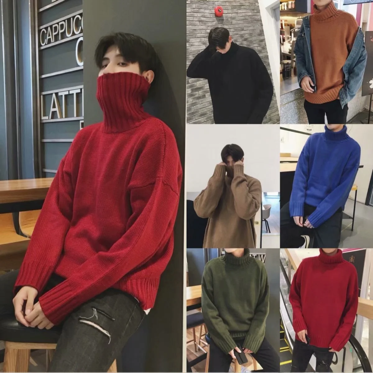 

Loose High Collar Knitted Sweater Pure Color Men's Faion Winter New Sle Korean Version Couple Outerwear Top