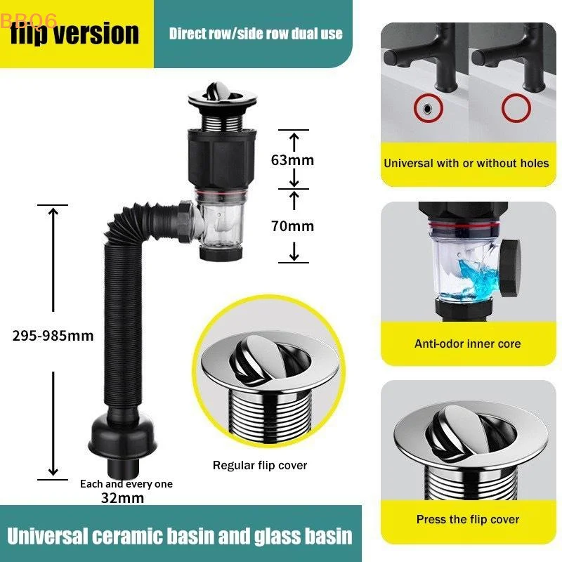 

*Universal Flip Stainless Steel Washbasin Washbasin Sink Wall Drainage Pipe Kitchen Bathroom Accessories Anti Odor Drainage Pipe