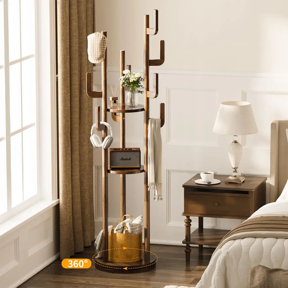 

Rotary Coat Rack Freestanding Solid Wood Coat Tree with 9 hooks amp 3 Storage Shelves for Purse, Bag, Jacket, Hat, Corner Hange