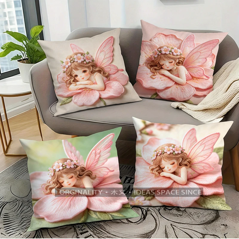 Floral Fairy Throw Pillow Covers, Cute Wing Elf Cushion Cases Pattern Cushion Cover Suitable For Sofa Bedroom Car Pillow Cover