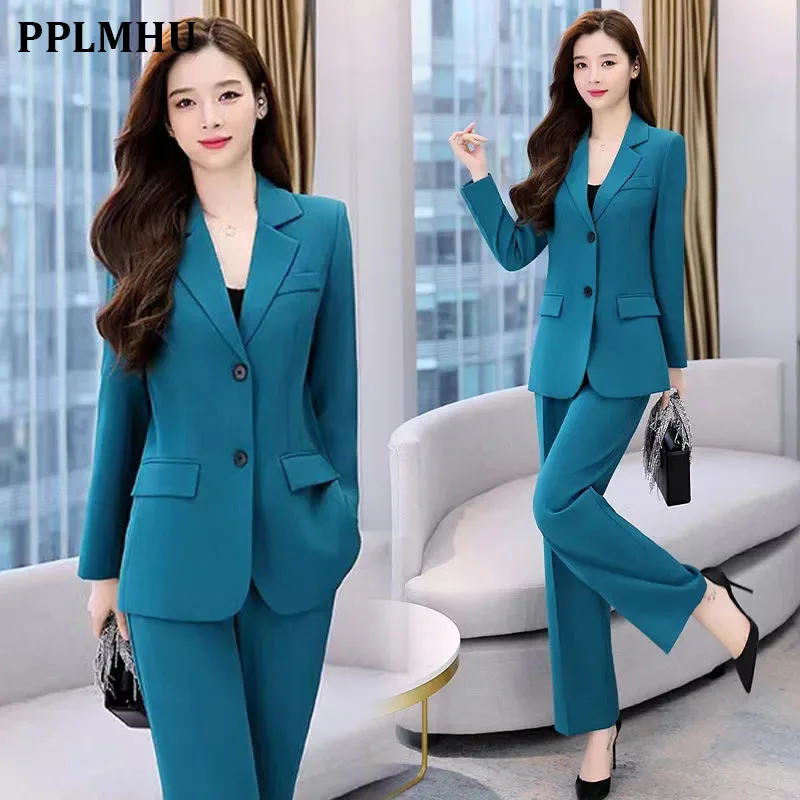 Office Lady Elegant Suit 2024 Spring Korean Unlined Blazer Jacket And Wide Leg Pant 2 Piece Set Women Outfits Conjunto Feminino