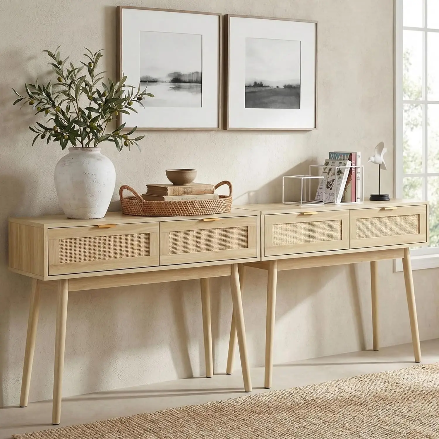 Console Table Rattan Desk with Drawers Set of 2, Oak Narrow Sofa Table with Pine Leg, Modern Small Entryway Table, Customized