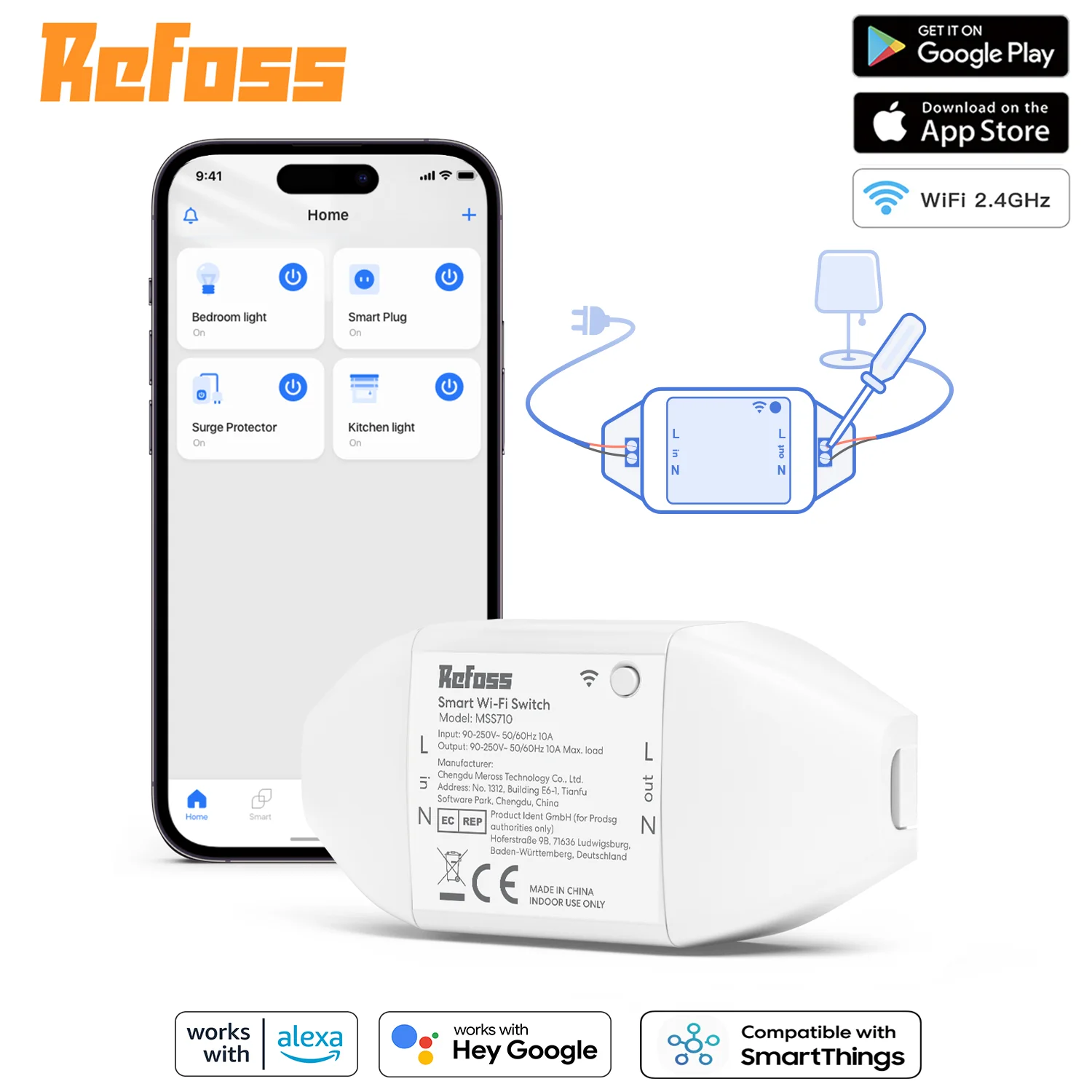 Refoss Mini DIY Module Wifi Smart Light Switch Wireless APP Remote Control Voice Control for Alexa Google Home