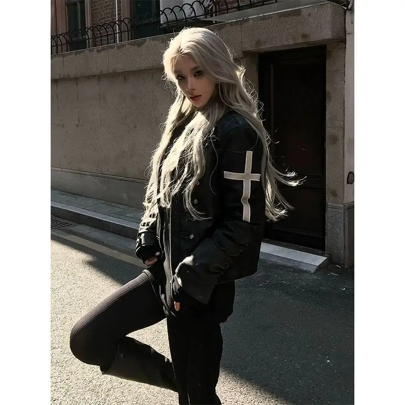 American Vintage Subculture Punk Jacket Long Sleeve Black Coat Slim Gothic Streetwear Casual Outerwear Daily Outfits 2026