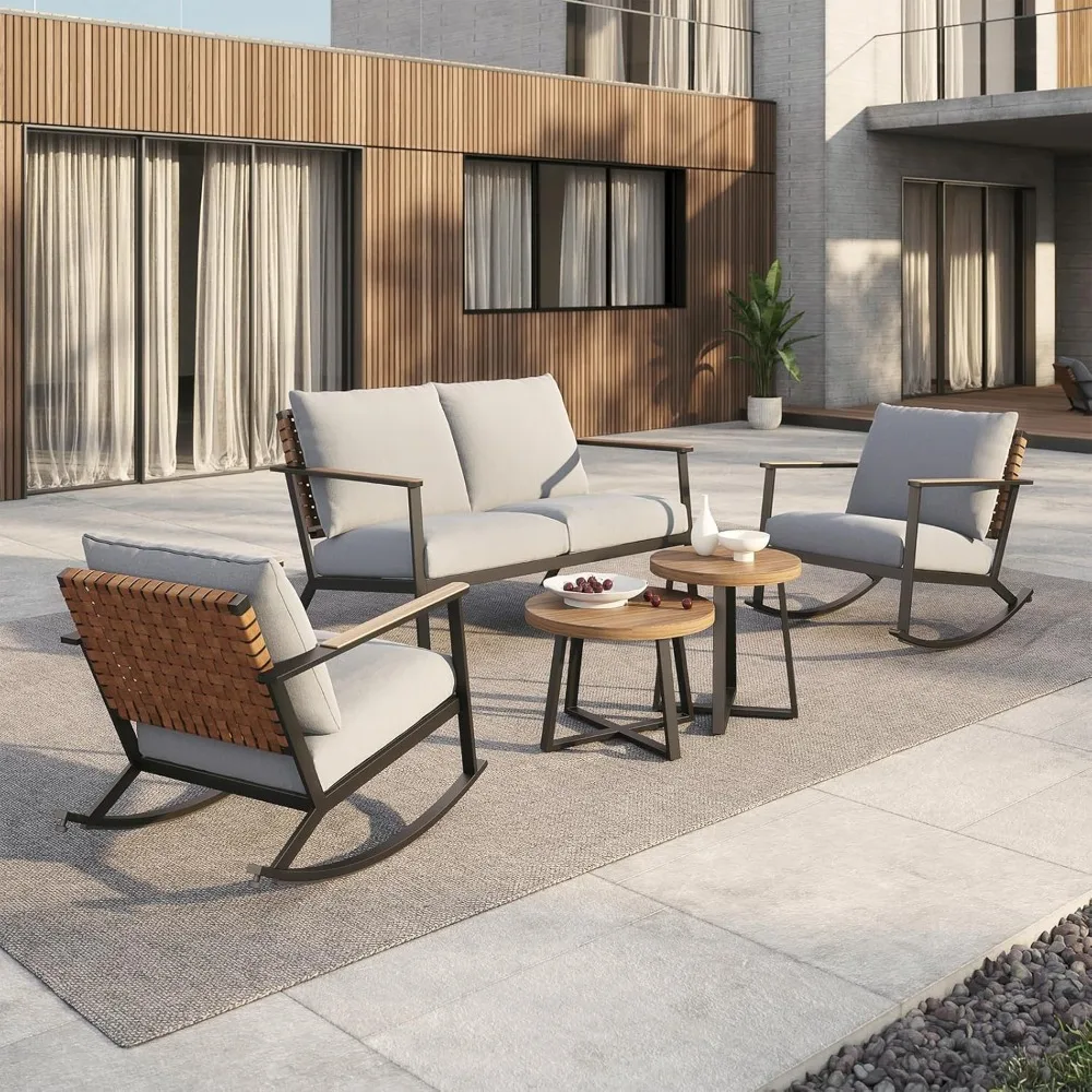 Outdoor Rocking Chairs, 5-Piece Leather-Look Patio Bistro Set Outdoor Furniture Conversation Sets with Loveseat