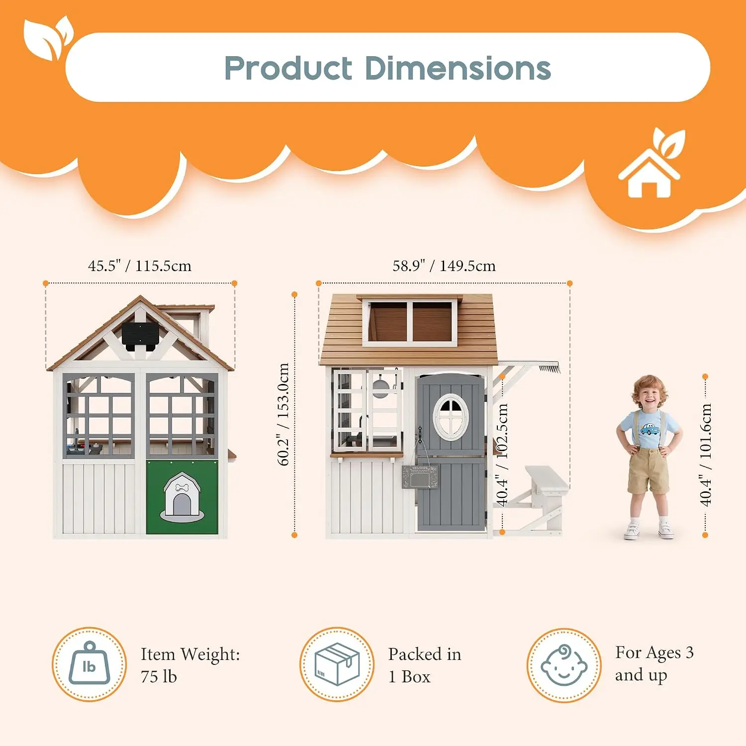 Albott Outdoor Wooden Playhouse for Kids Ages 3–8 | Backyard Cottage with Kitchen Playset, Dutch Door, Pet Door, Bench, Awning &