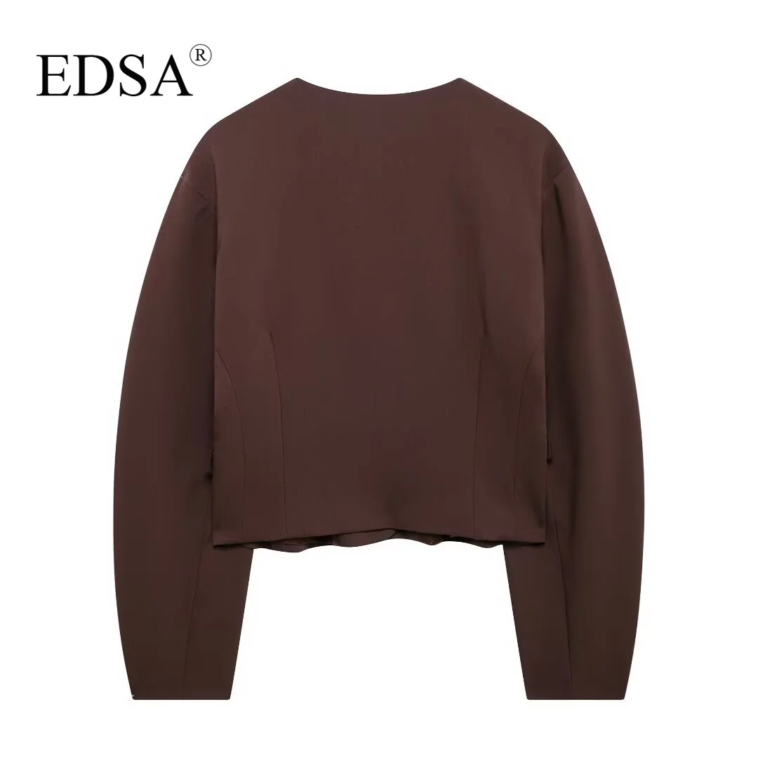 EDSA Women Balloon Blazer Brown Single Breasted Round Neck Long Sleeves Drop-shoulder Cropped Jacket for Office Lady Coat