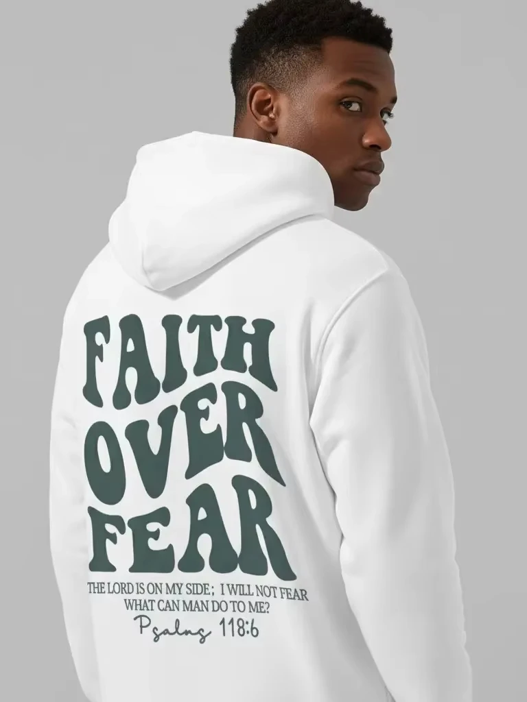 Men's Faith Over Fear Graphic Hoodie - Cotton Blend Black Long Sleeve Pullover Regular Fit | Soft & Breathable Fabric, Durable