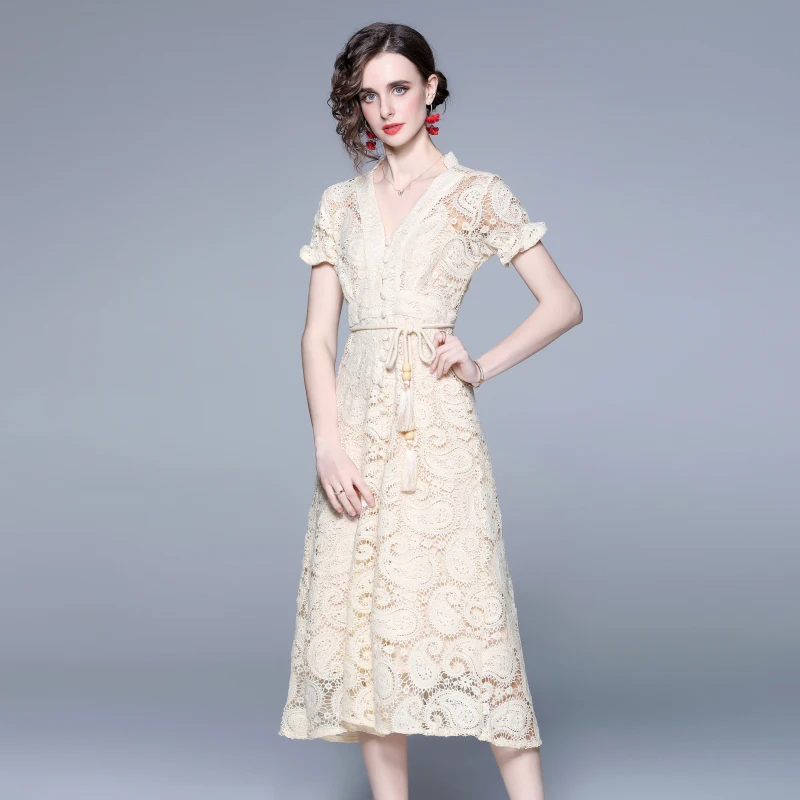 

Women's Runway Dresses V-Neck Short Sleeves Embroidery Hollow Out Fashion Elegant Party Vestidos