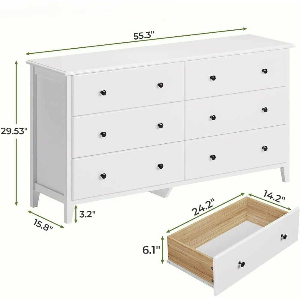 White Dresser for Bedroom, 55.3'' Long Dresser Chest of Drawers,  Double Dresser, Solid Wood Dresser Storage Cabinet