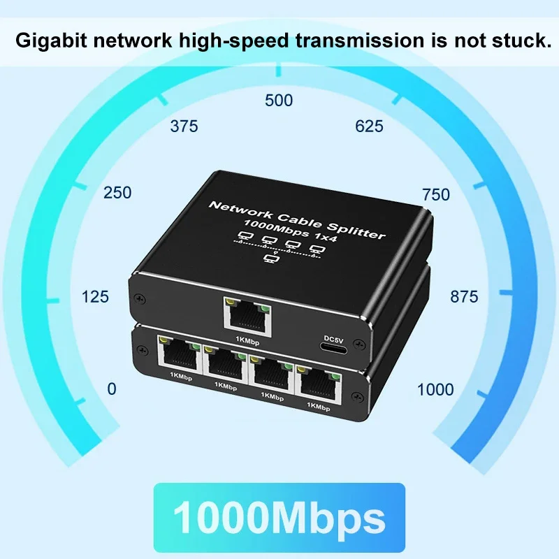 Gigabit Ethernet Splitter 1000Mbps 1 in 4 Out Ethernet Adapter 1 to 2/3/4 RJ45 LAN Internet Splitter for PC Laptop TV Box Router