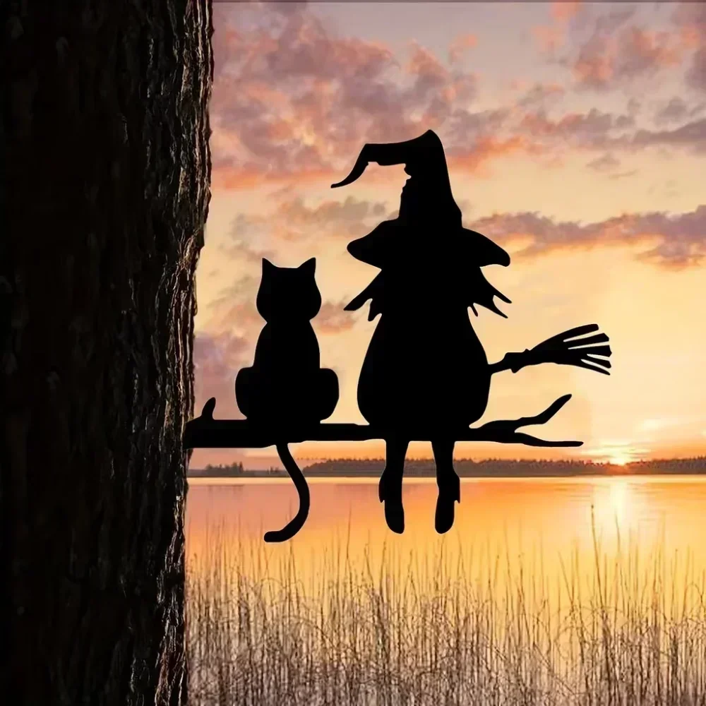 Eisen-Silhouette, niedliche Hexe und Katze, Gartenstecker auf dem Ast, Hof, Kunstdekoration, Baumstumpf-Plug-in für Garten- und Hofdekoration