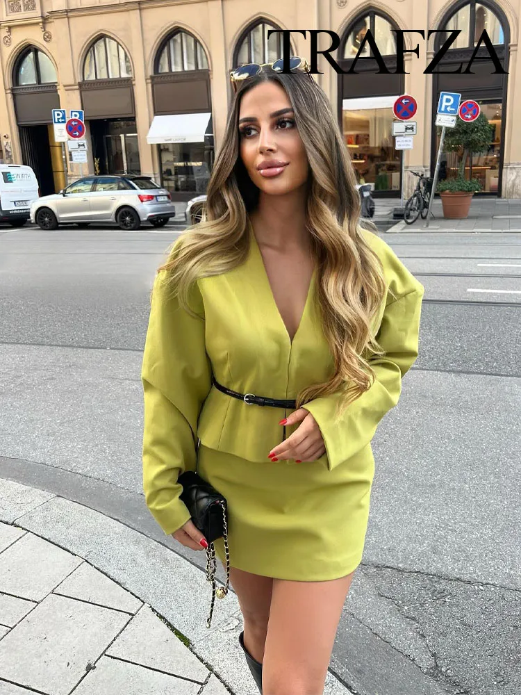 TRAFZA Women Fashion 2 Piece Set V-Neck Belt Decorate Long Sleeved Casual Short Coat Top+Solid High Waist Side Zip Mini Skirt