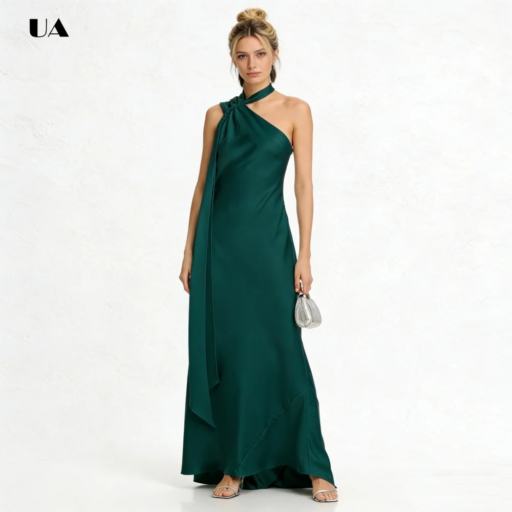 ULBYANRN Abito da ballo a trapezio senza maniche, abito da sera in raso solido con colletto a sciarpa, abito da festa personalizzato con dettagli drappeggiati