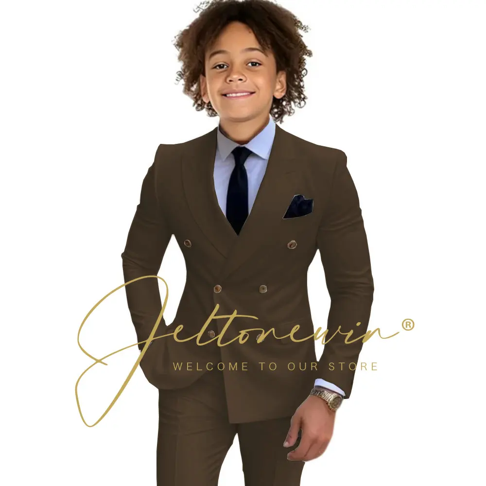 

Flower Boys 2 Piece Suits Brown Double Breasted Blazer Pants Kids Wedding Tuxedo Formal Child Clothes Host Birthday Ceremony