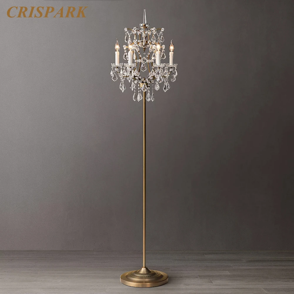 19th C. Rococo Iron & Crystal Floor Lamp Clear Smoke Crystal Raindrop Floor Light Stand Brass Candle Floor Lamps for Living Room