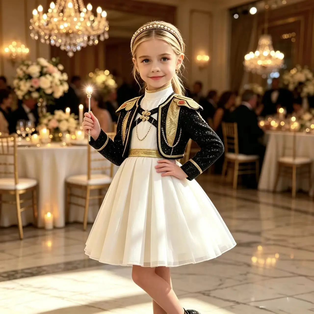 2026 New hot selling Girls Black Sequin Cropped Jacket White Pleated Dress Child Evening Gown for Stage Performance Birthday Pho