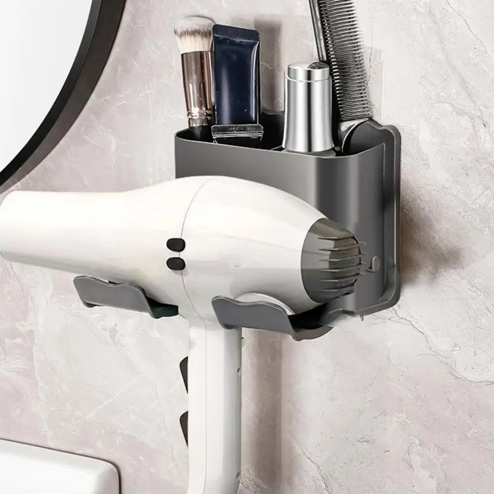 Space-saving Hair Dryer Hanger U-shape Wall Mount Hair Dryer Stand with Storage Box Strong Load-bearing Holder for Universal