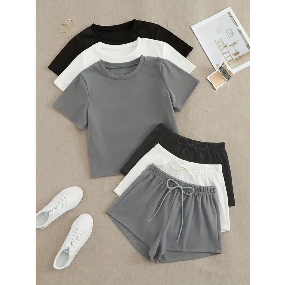 

3pcs Women Comfortable Pajama Sets: Short Sleeve Round Neck Top And Loose Shorts - Easy Care, Drawstring, Knitted Fabric, Suitable For Spring/Summer Sportswear And Outdoor, Great For Summer Nights And Leisure Days, Lounge Outfit