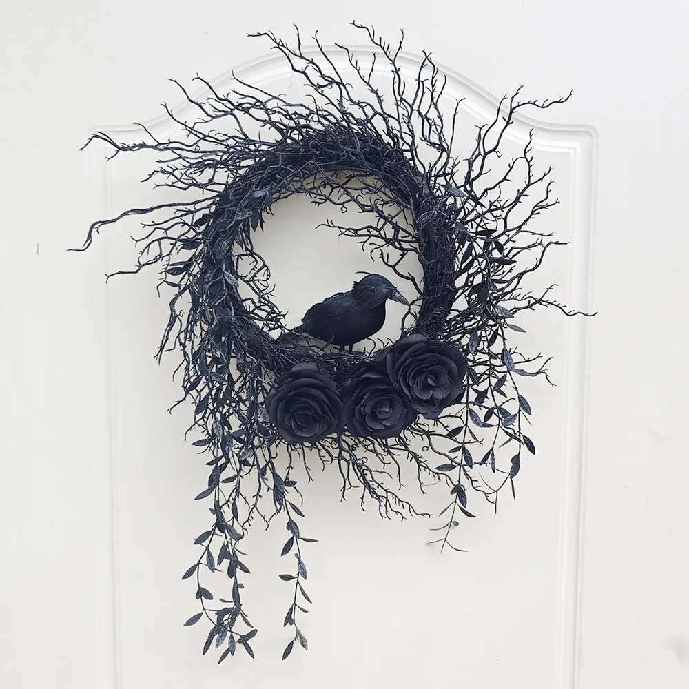 

Halloween Wreath Crow Black Branch Halloween Decoration Door Hanging Wreath Willow Branch Flower Garland For Door Party Supplies