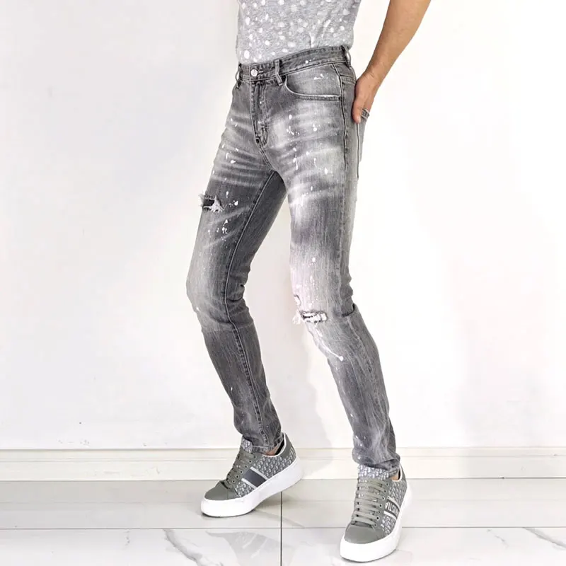 Men Grey Vintage Striped Washed Ripped Splash Ink Stretch Slim Skinny Jeans Mid Rise Hip Hop Streetwear Denim Jeans hombre