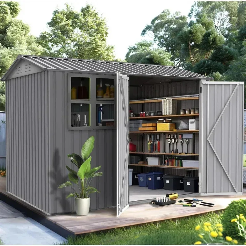 RPD4-Moorhome 8X 6 pies Base de piso exterior. Casa de almacenamiento de cobertizo de herramientas de utilidad de acero metálico con puerta y cerradura. Para Backya