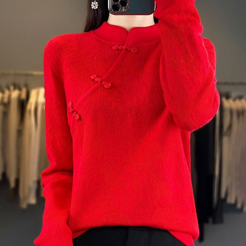 Nuovo stile cinese fibbia primavera/estate pizzo di lana scavato camicetta pullover cinese mezzo collo alto da donna