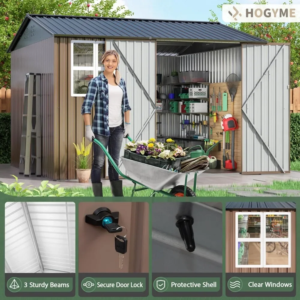 10x10 FT Outdoor Storage Shed, Large Metal Tool Sheds with Updated Frame Structure and Lockable Doors, Garden Shed